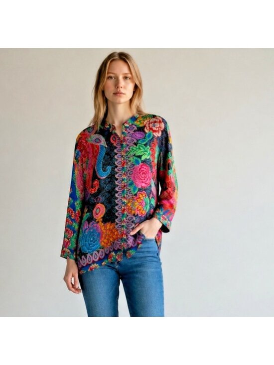 Johnny Was Tops - Johnny Was The Audrey Emberwing Oversized Silk Blouse NWT Size Large